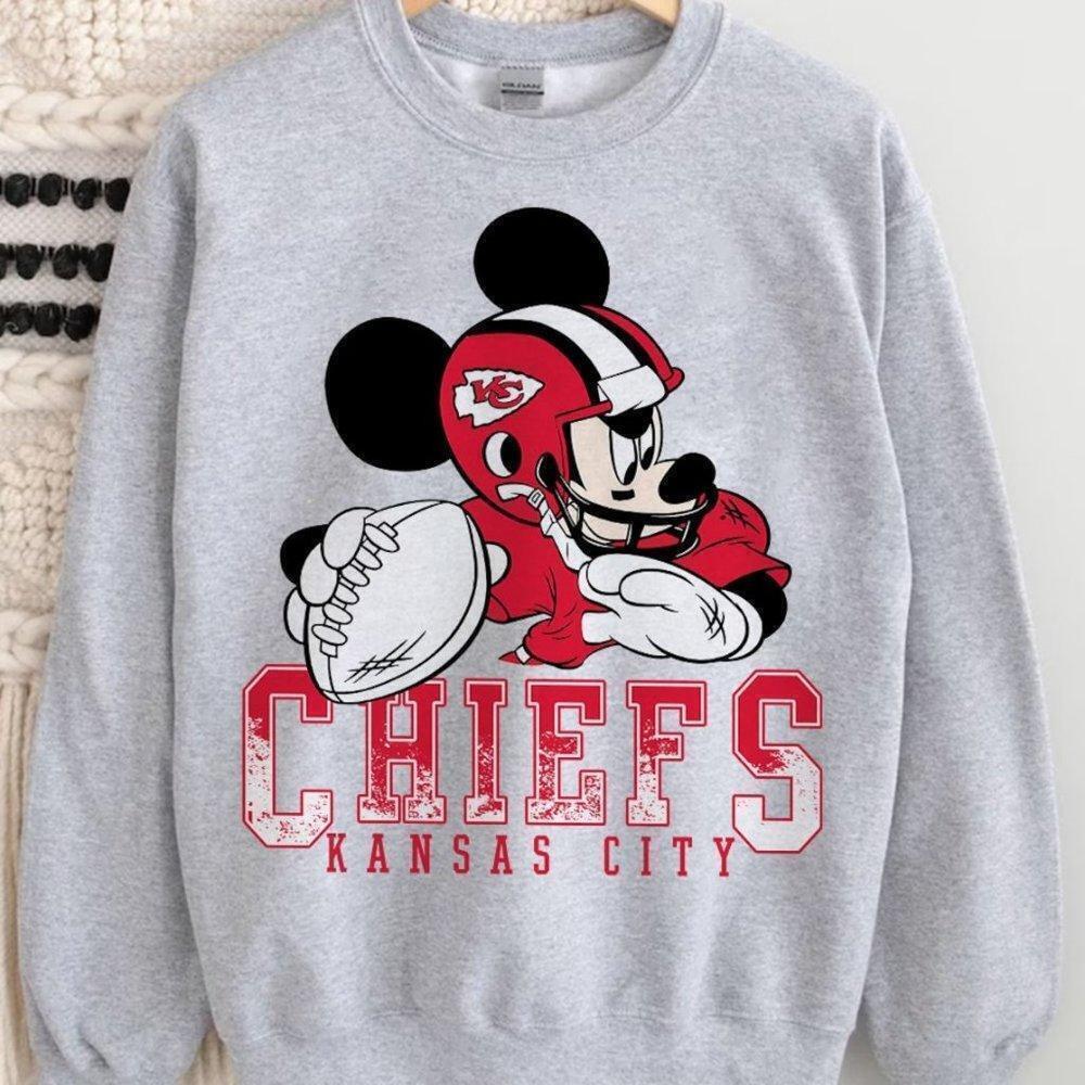 Chiefs Kansas City Chiefs Mickey Football Sweatshirt Shirt Ash Grey Tee - Picture 1 of 4